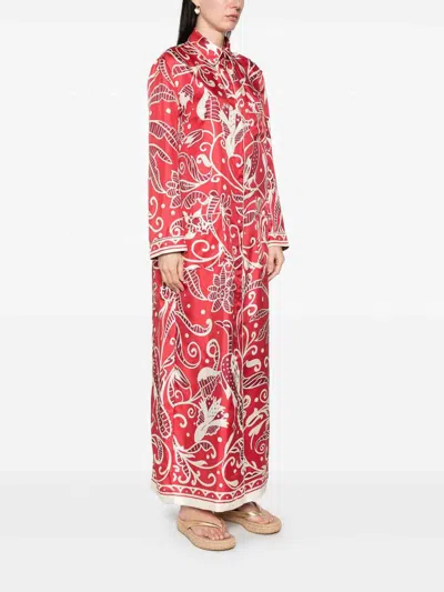 F.r.s For Restless Sleepers Printed Silk Long Shirtdress In Red