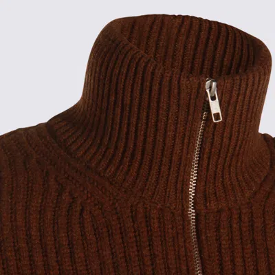 Mm6 Maison Margiela High Neck Ribbed Crewneck Sweater With Distressed Elbow Patches In Brown