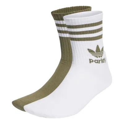 Adidas Originals Adidas Parley Mid Crew Sock 2 Pairs 'white Olive Green' In Multi