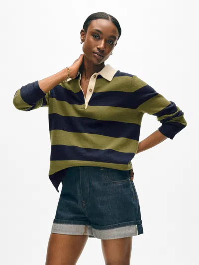White + Warren Cashmere Rugby Stripe Polo Deep Navy/bright Olive