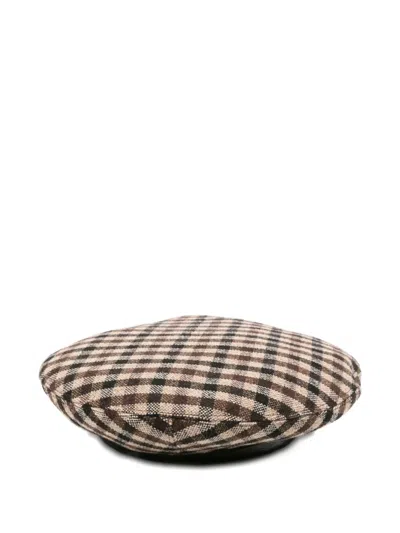 Ganni Checkered Wool Beret Featuring Buckle Detail In Metallic