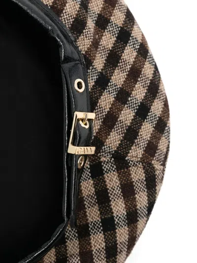 Ganni Checkered Wool Beret Featuring Buckle Detail In Metallic