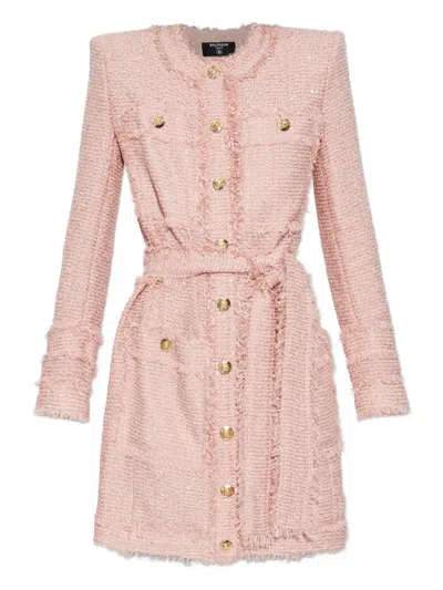 Balmain Sequinned Tweed Edge-to-edge Jacket In Pink