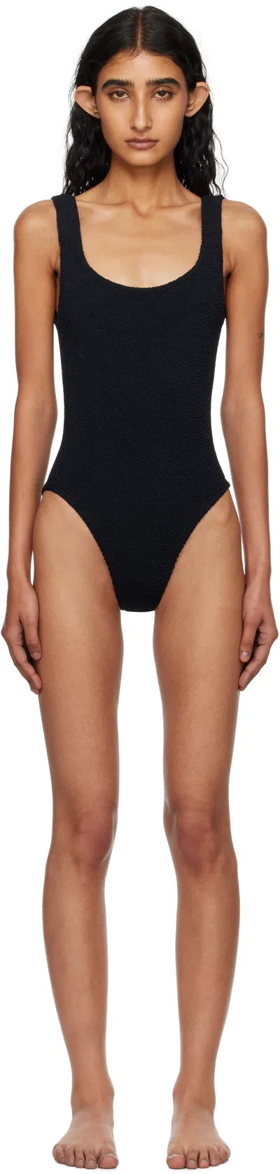 Hunza G High-cut Leg Square Neckline Textured Fabric In Black