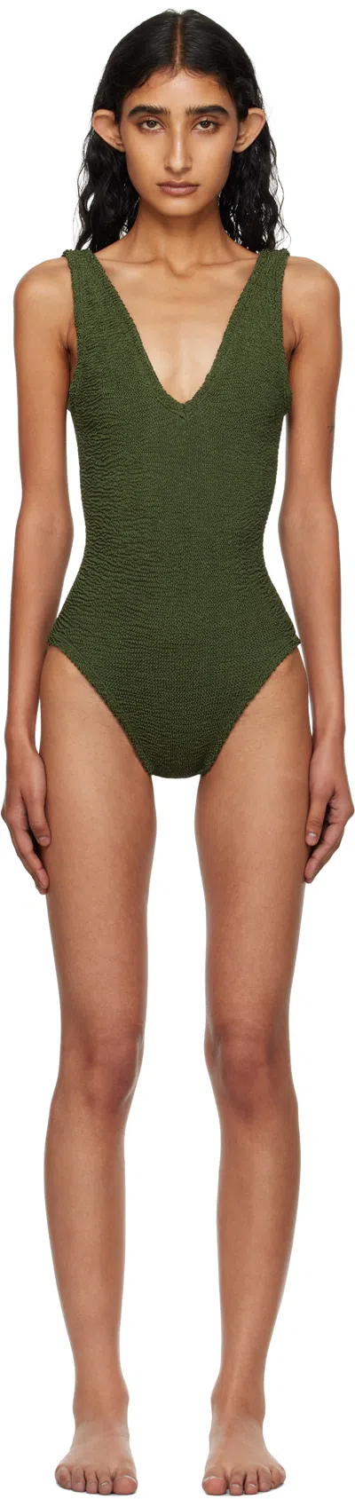 Hunza G Womens Metallic Khaki Sadie Scoop-neck Crinkle-textured Swimsuit In Green