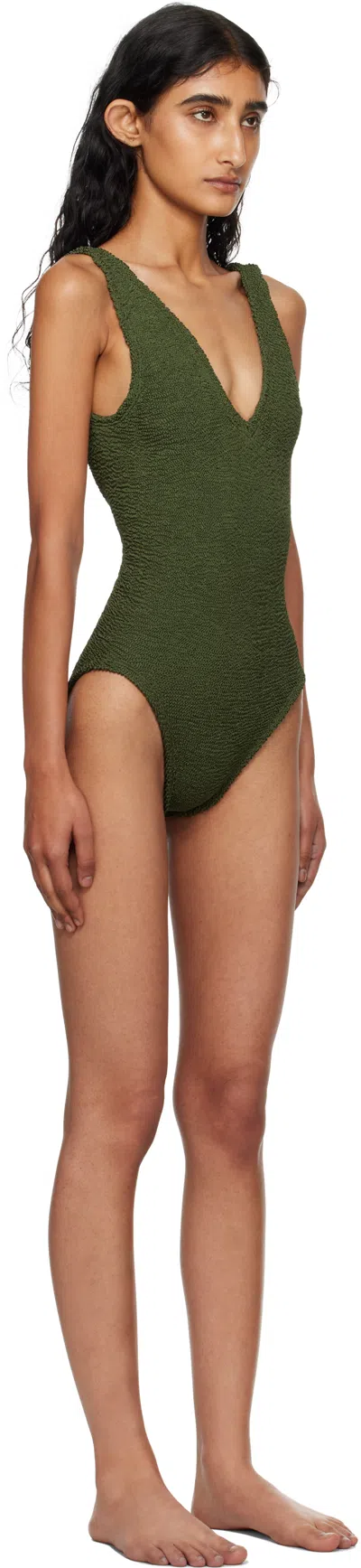Hunza G Womens Metallic Khaki Sadie Scoop-neck Crinkle-textured Swimsuit In Green
