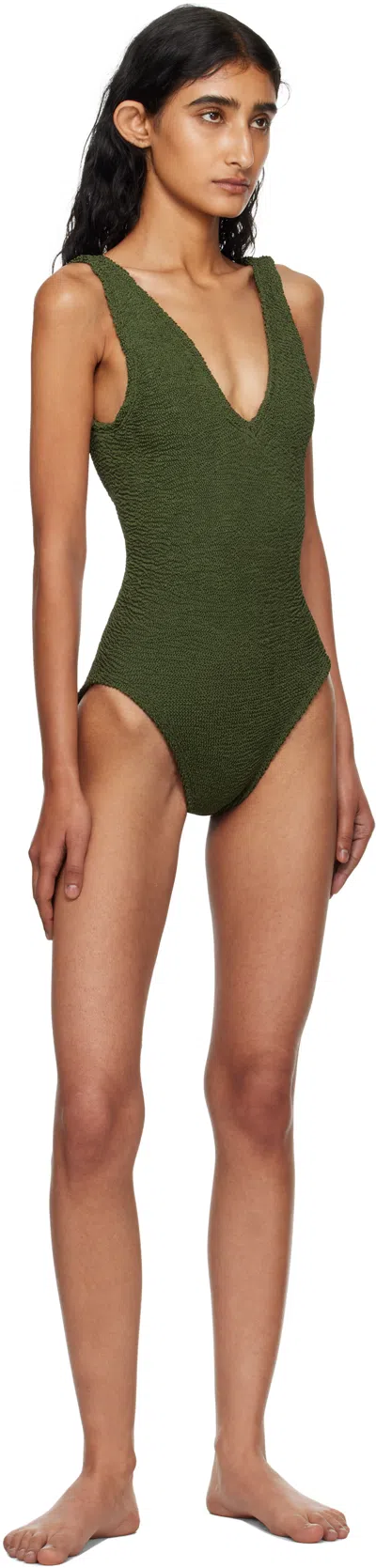 Hunza G Womens Metallic Khaki Sadie Scoop-neck Crinkle-textured Swimsuit In Green