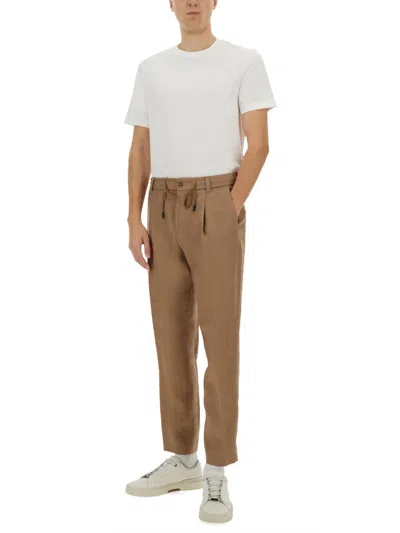 Hugo Boss Drawstring Waist Tapered Leg Trousers With Pockets In Brown