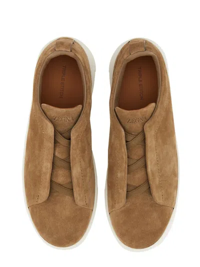 Zegna Camel Suede Triple Stick Sneakers In Multi