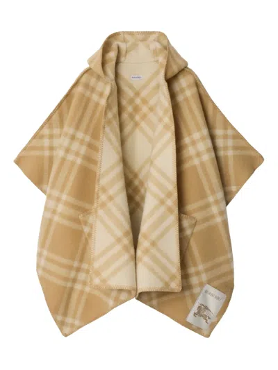 Burberry Hooded Check Wool Cape In Sand