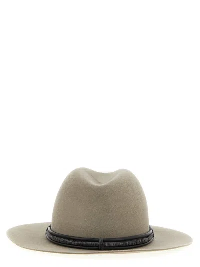 Brunello Cucinelli Fedora Hat With Tubular Leather Band And Monile Detail In Neutral