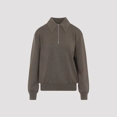 Phoebe Philo Light Brown Wool Zip Polo With Pointed Collar And Ribbed Details In Gray