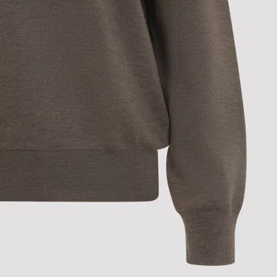 Phoebe Philo Light Brown Wool Zip Polo With Pointed Collar And Ribbed Details In Gray
