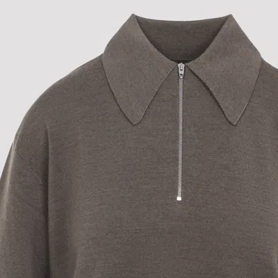 Phoebe Philo Light Brown Wool Zip Polo With Pointed Collar And Ribbed Details In Gray
