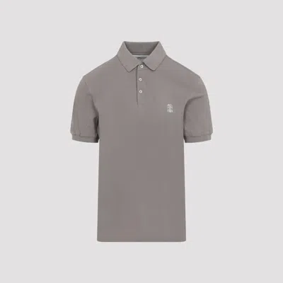 Brunello Cucinelli Cotton Polo With Ribbed Trims And Straight Hem In Gray