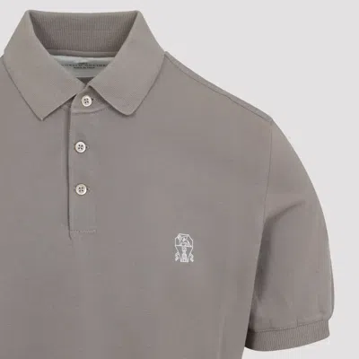 Brunello Cucinelli Cotton Polo With Ribbed Trims And Straight Hem In Gray