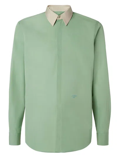 Fendi Contrast-collar Logo-embroidered Shirt In Green