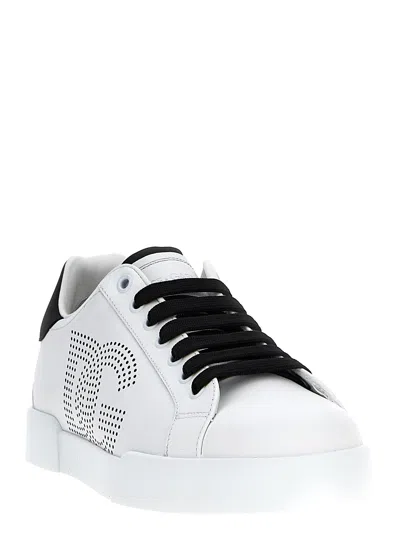 Dolce & Gabbana Portofino' White Low Top Sneakers With Perforated Logo In Leather In Multi