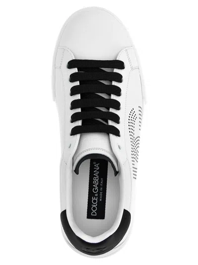 Dolce & Gabbana Portofino' White Low Top Sneakers With Perforated Logo In Leather In Multi