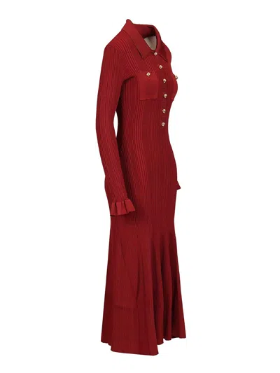Self-portrait Fitted Ribbed Maxi Dress With Classic Collar In Red