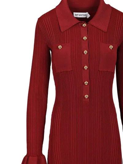 Self-portrait Fitted Ribbed Maxi Dress With Classic Collar In Red