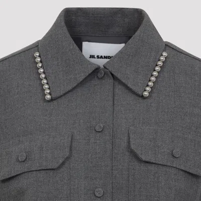 Jil Sander Relaxed Fit Grey Wool Shirt With Pearl Trim And Flap Pockets In Gray