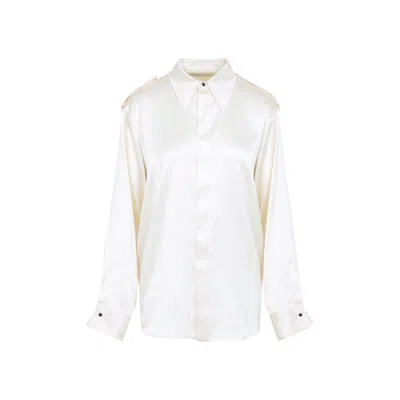 Phoebe Philo Liquid Utility White Silk Shirt With Pointed Collar And Button Tabs In White