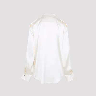 Phoebe Philo Liquid Utility White Silk Shirt With Pointed Collar And Button Tabs In White
