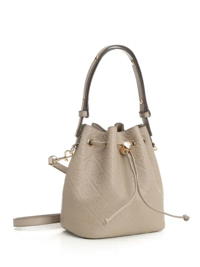Tory Burch T Monogram Pebble Bucket Bag Handbags Grey