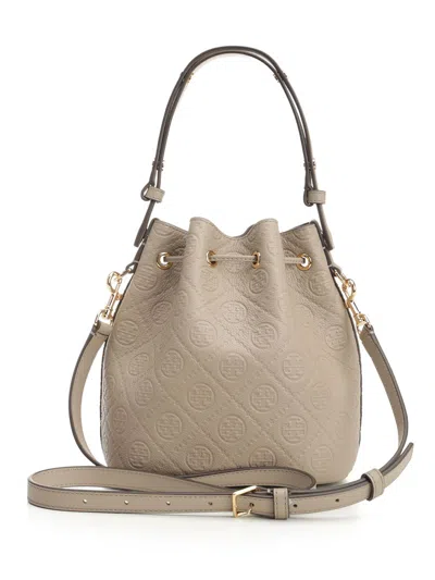 Tory Burch T Monogram Pebble Bucket Bag Handbags Grey