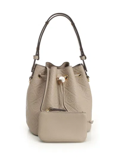 Tory Burch T Monogram Pebble Bucket Bag Handbags Grey
