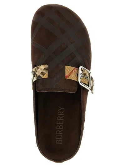 Burberry Strap Patterned Round Toe Rubber Sole Slip-on In Brown