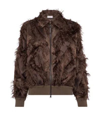 Brunello Cucinelli Brown Dracaena Fil Coupé Shiny Zipper Pull Bomber Jacket In Brown