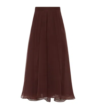 Brunello Cucinelli Flared Silk Skirt Sheer Overlay In Brown