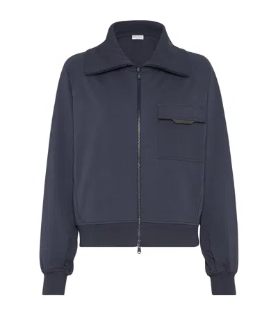 Brunello Cucinelli Stretch-cotton Monili-tab Cardigan In Blue