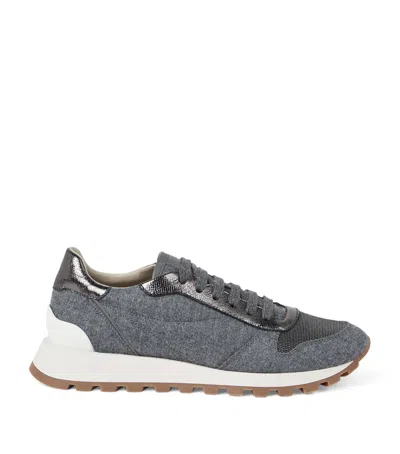 Brunello Cucinelli Runners In Techno Fabric And Calfskin With Precious Trim In Gray