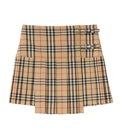 Burberry Pleated High Waist Check Pattern Kilt Skirt With Buckle In Sand