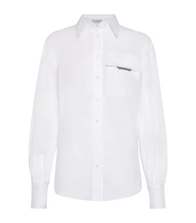 Brunello Cucinelli Classic White Shirt With Pointed Collar And Modern Mesh Detail In White