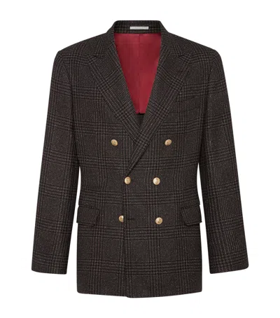 Brunello Cucinelli Prince Of Wales One-and-a-half Breasted Blazer With Metal Buttons In Brown