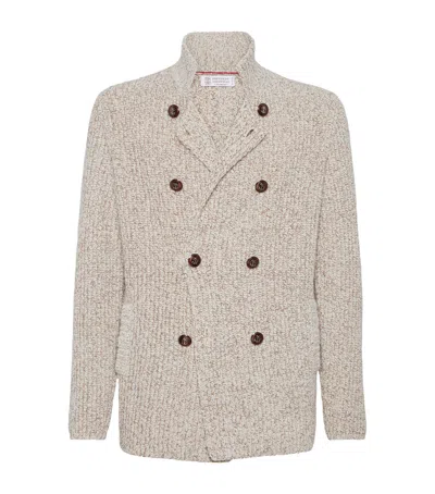 Brunello Cucinelli Shawl Collar Double-breasted Knit Cardigan In Gray