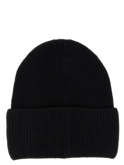 Moncler Ribbed Knit Carded Wool Beanie With Felt Logo Patch In Black