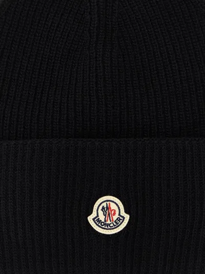 Moncler Ribbed Knit Carded Wool Beanie With Felt Logo Patch In Black