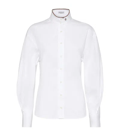 Brunello Cucinelli Stretch Cotton Poplin Shirt With Shiny Collar Detail In White