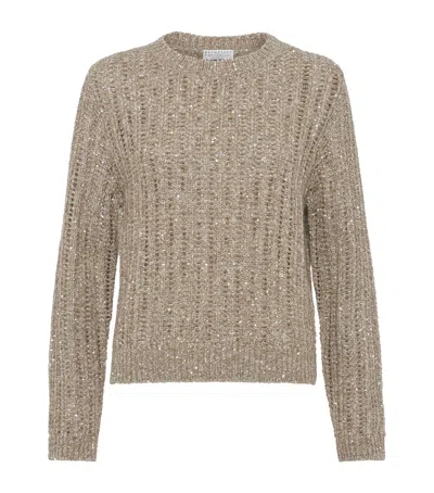 Brunello Cucinelli Textured Ribbed Sweater With Shimmering Threads In Sand