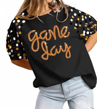 Bibi Game Day Metallic Letter Spangle Sleeve Top In Black/gold In Black