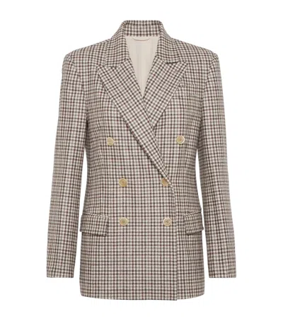 Brunello Cucinelli Beige Double-breasted Jacket With Peak Revers And All-over Check Motif In Wool Woman In Brown
