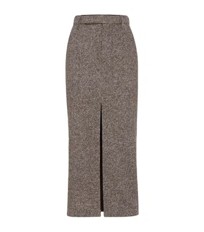 Brunello Cucinelli Wool And Silk Mélange Diagonal Sartorial Pencil Skirt With Monili In Brown