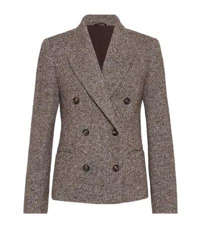 Brunello Cucinelli Virgin Wool And Silk Melange Diagonal Double-breasted Blazer In Brown