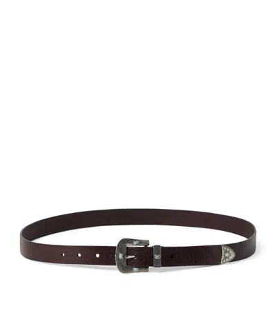 Brunello Cucinelli Leather Belt With Turquoise Stone Embellishments In Black