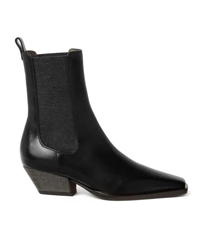 Brunello Cucinelli Leather Ankle Boots Cuban Heel In Black
